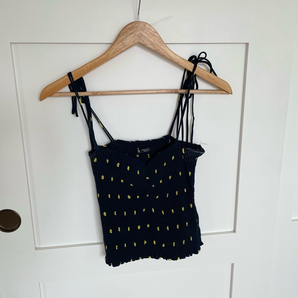 Zara Navy Smocked Tank with Yellow Dot Print